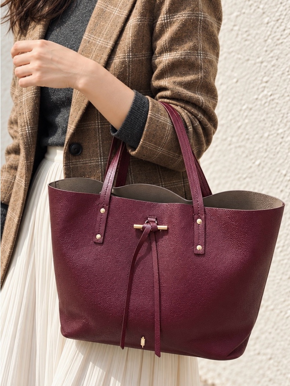 Thacker Burgundy Pebbled Tote Bag Recycled Leather Large